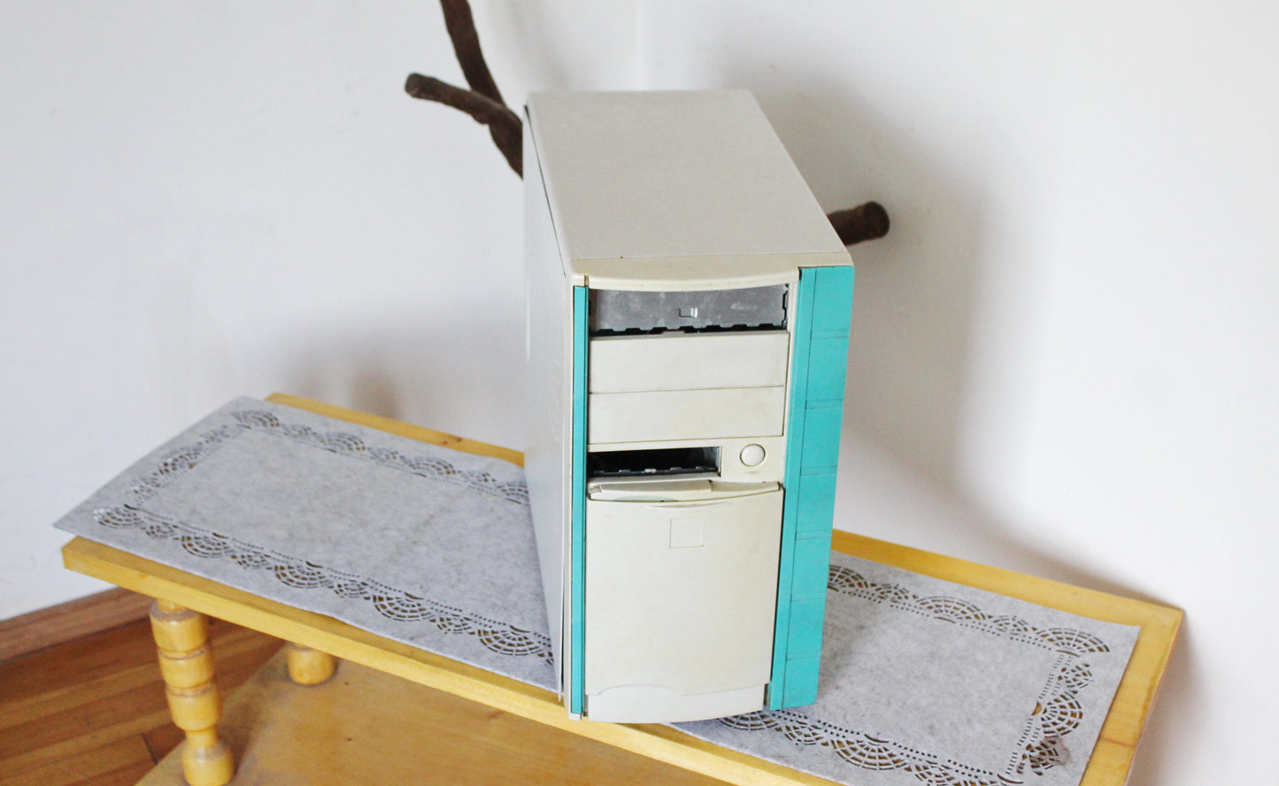 Vintage 1990s AT Desktop Computer Case with Rare Sliding Front Panel - Beige Turquoise Tower -Retro PC Shell for Display or DIY Build