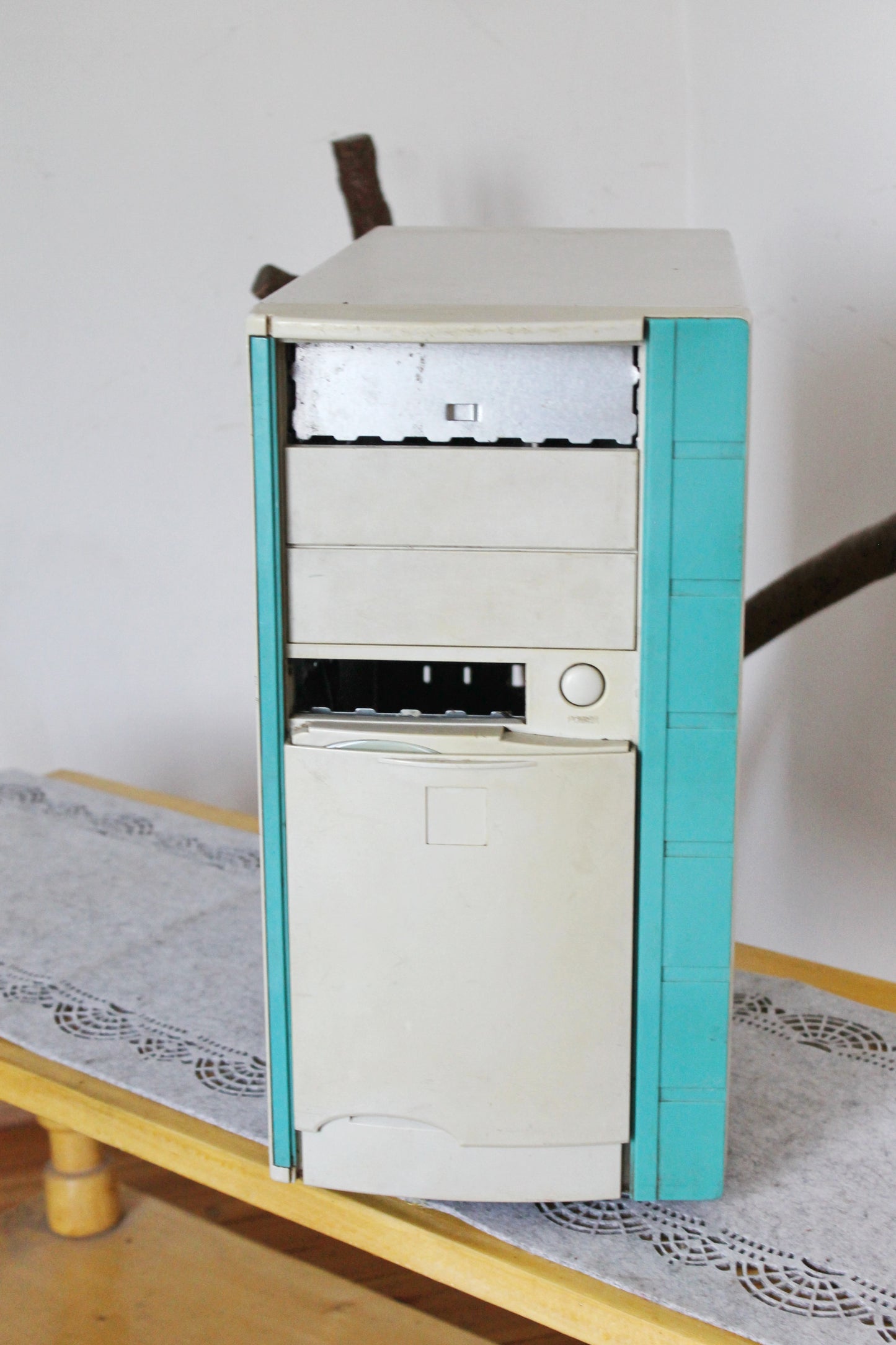 Vintage 1990s AT Desktop Computer Case with Rare Sliding Front Panel - Beige Turquoise Tower -Retro PC Shell for Display or DIY Build