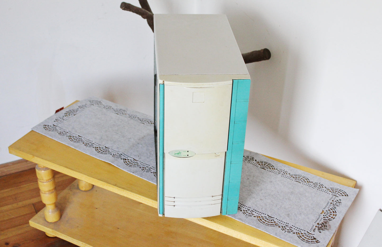 Vintage 1990s AT Desktop Computer Case with Rare Sliding Front Panel - Beige Turquoise Tower -Retro PC Shell for Display or DIY Build
