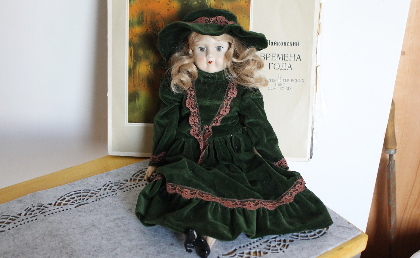 Vintage German Porcelain Doll in Green Velvet Dress with Hat – Fabric Body – Handcrafted Look – Visible Leg Repair - 1960-1980s