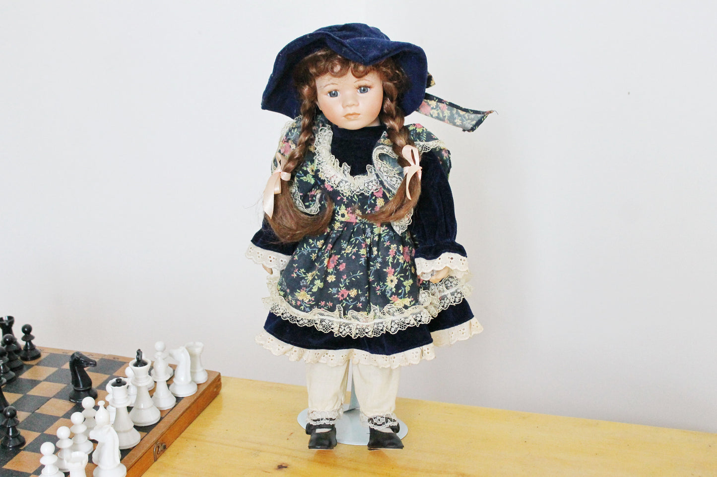 Vintage porcelain Germany cute doll on a stand - 16.5 inches - Collectible doll - 1970-1980s