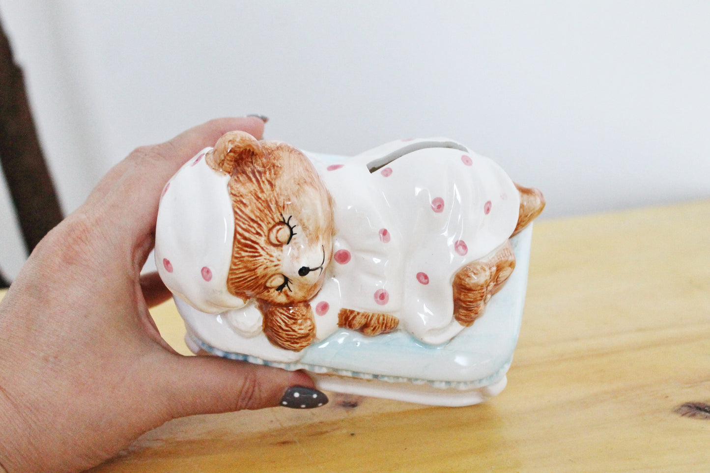 Porcelain Sleepy Bear Piggy Bank 5.1 inches - Vintage Piggy Bank - Home decor - Made in Germany 1980-1990s