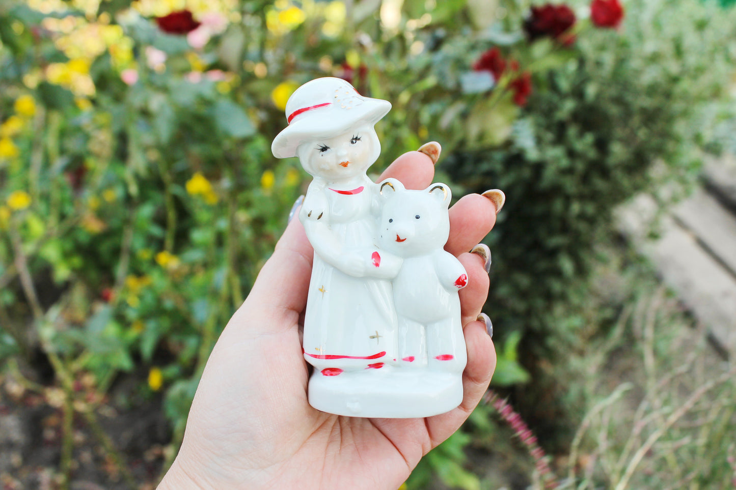 Vintage Porcelain Little girl with bear - Germany porcelain figurine - vintage decor - Germany vintage - later 1980s