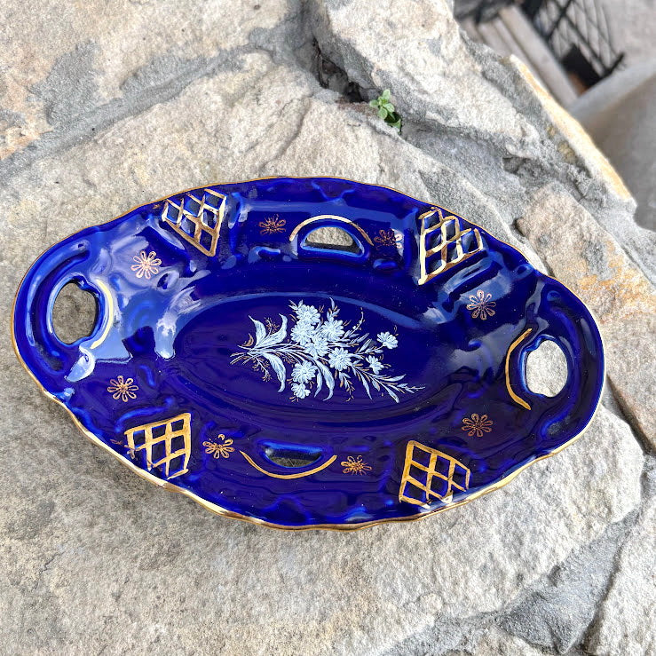 Vintage Cobalt Blue Porcelain Dish with Gold Details, Germany – Floral Handled Tray 7х4.7 inch