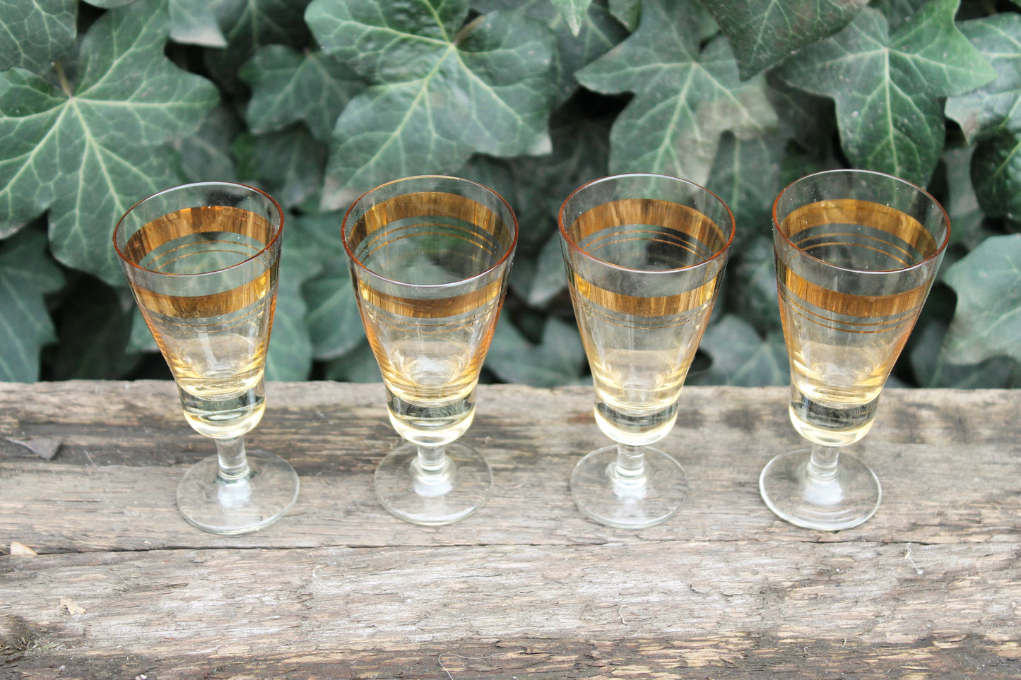 Set of 4 Vintage USSR small Glasses on a leg, glasswares, housewares, antique, home decor, 1970-s. Soviet Union. Holiday decor