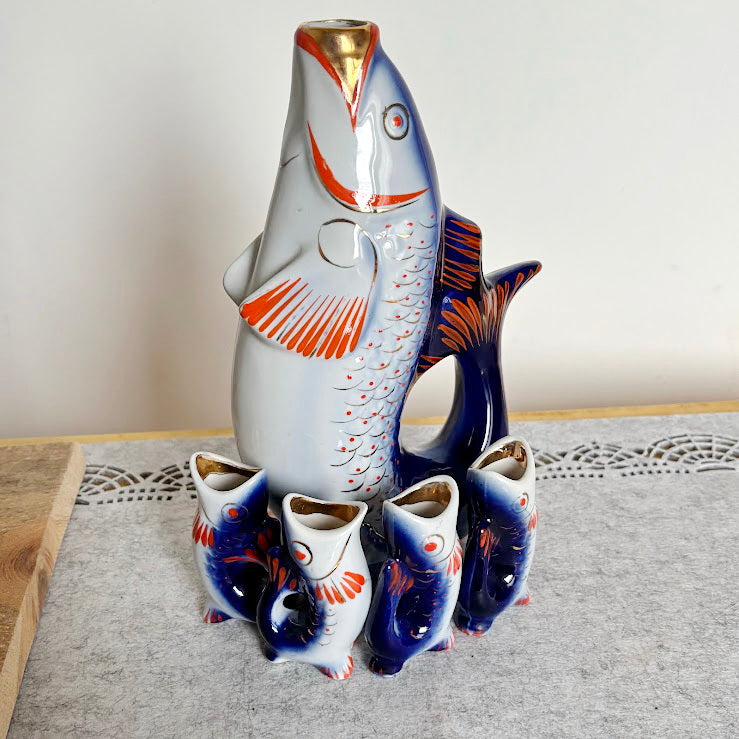 Vintage Soviet “Carp Family” Porcelain Decanter Set, Blue Fish Shaped Pitcher with 4 Shot Cups, USSR Folk Art Collectible