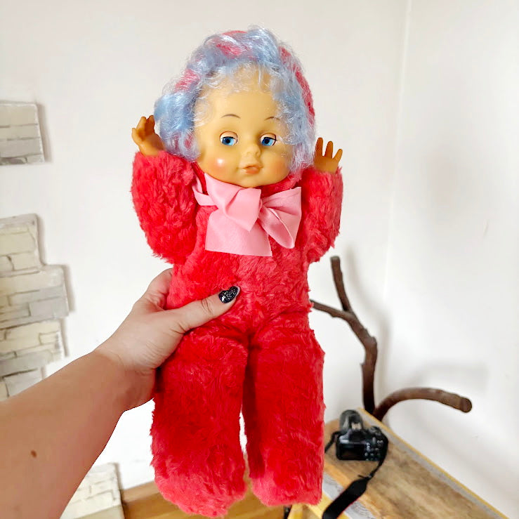 Vintage 1970s Soft Soviet Doll with Closing Eyes and Red Furry Outfit - USSR childrens toy