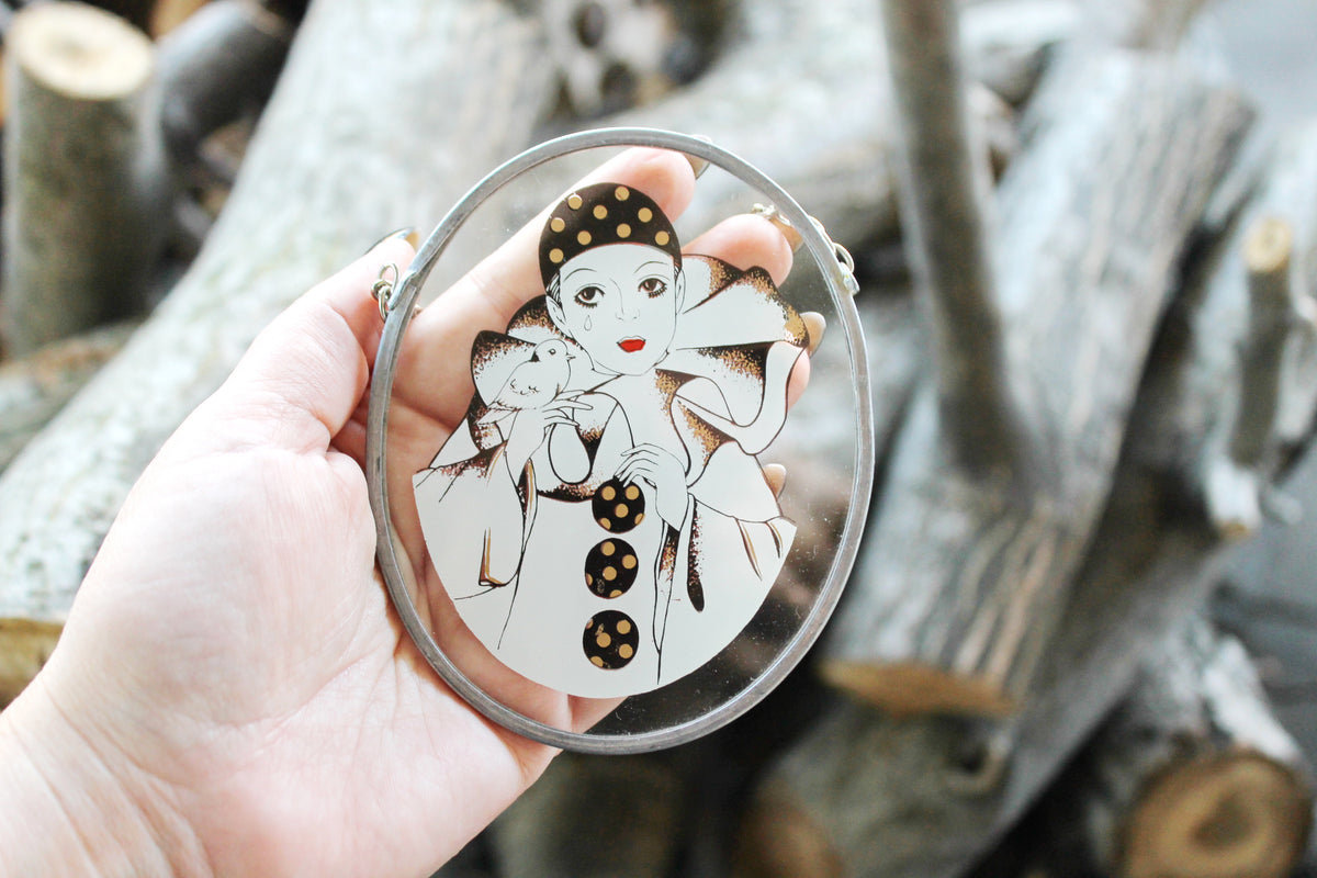 Vintage Decorative Hand Painted Stained Glass Window on the chain - Pierrot 1 - 4.3 inches - Germany vintage - 1980s