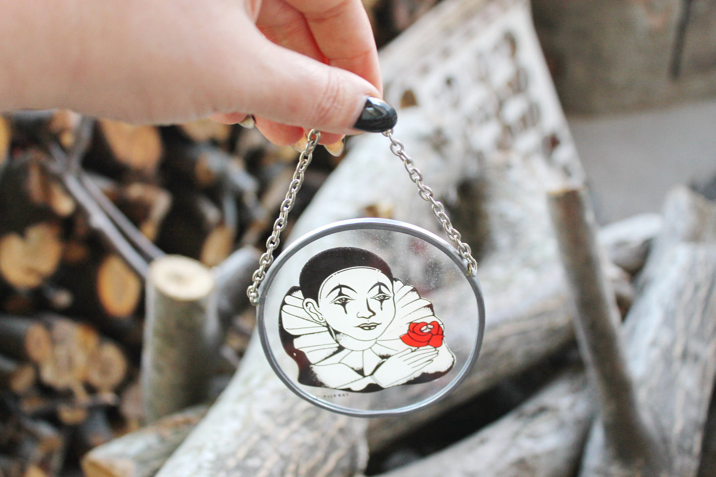 Vintage Decorative Hand Painted Stained Glass Window on the chain - Pierrot - 4.3 inches - Germany vintage - 1980s