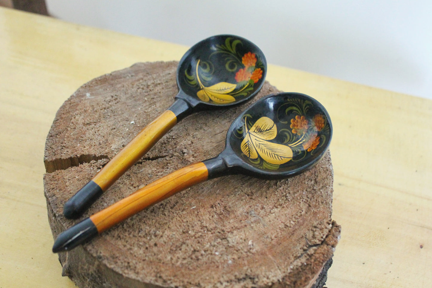 Set of 2 Vintage used Ukrainain wooden spoons. 1970s, hand painted - Soviet era - from the USSR, antique spoons - 1970s