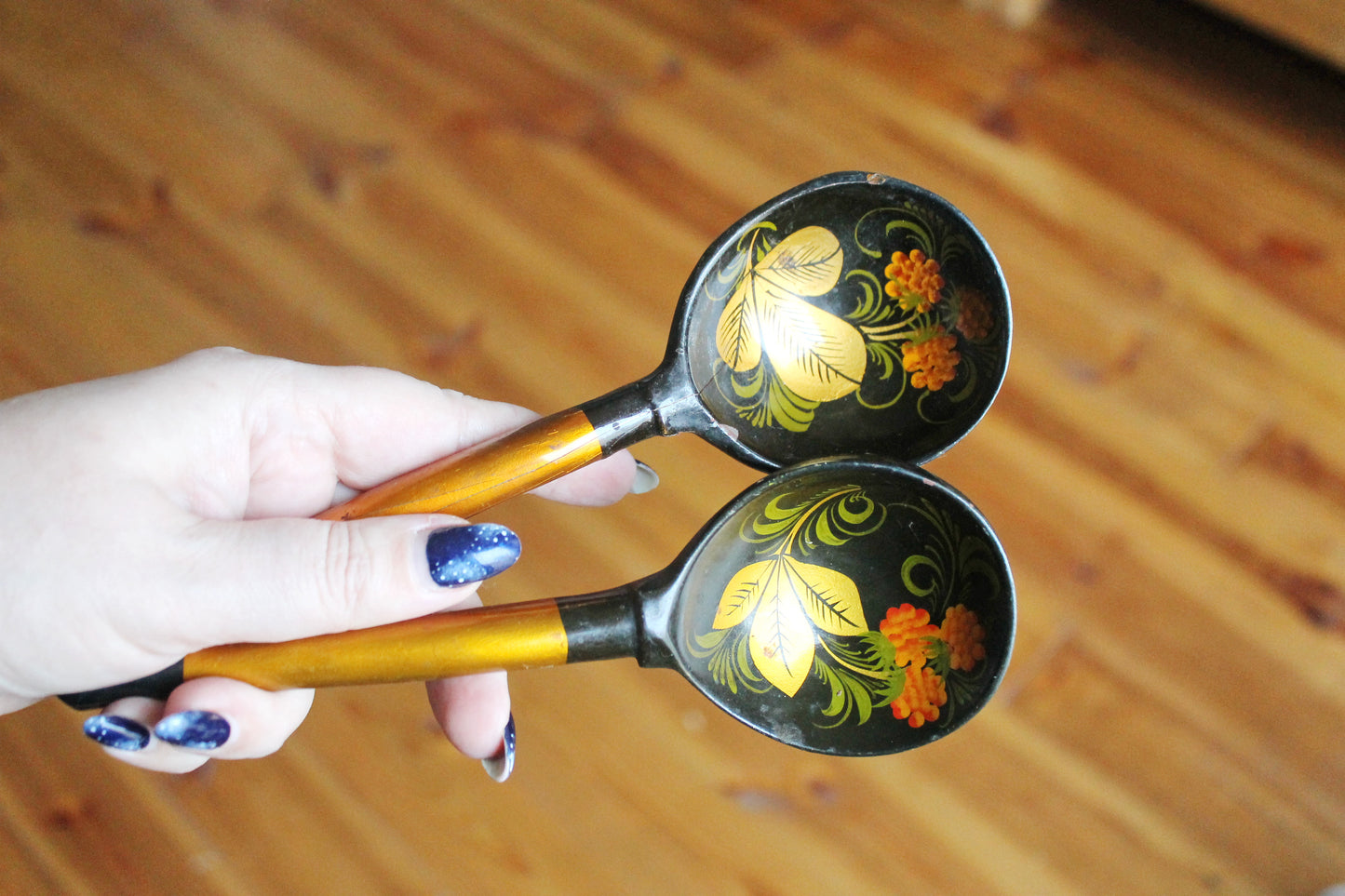 Set of 2 Vintage used Ukrainain wooden spoons. 1970s, hand painted - Soviet era - from the USSR, antique spoons - 1970s