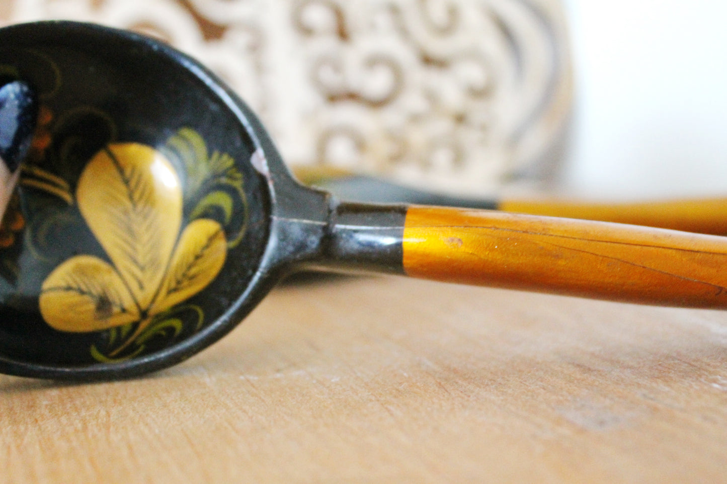Set of 2 Vintage used Ukrainain wooden spoons. 1970s, hand painted - Soviet era - from the USSR, antique spoons - 1970s
