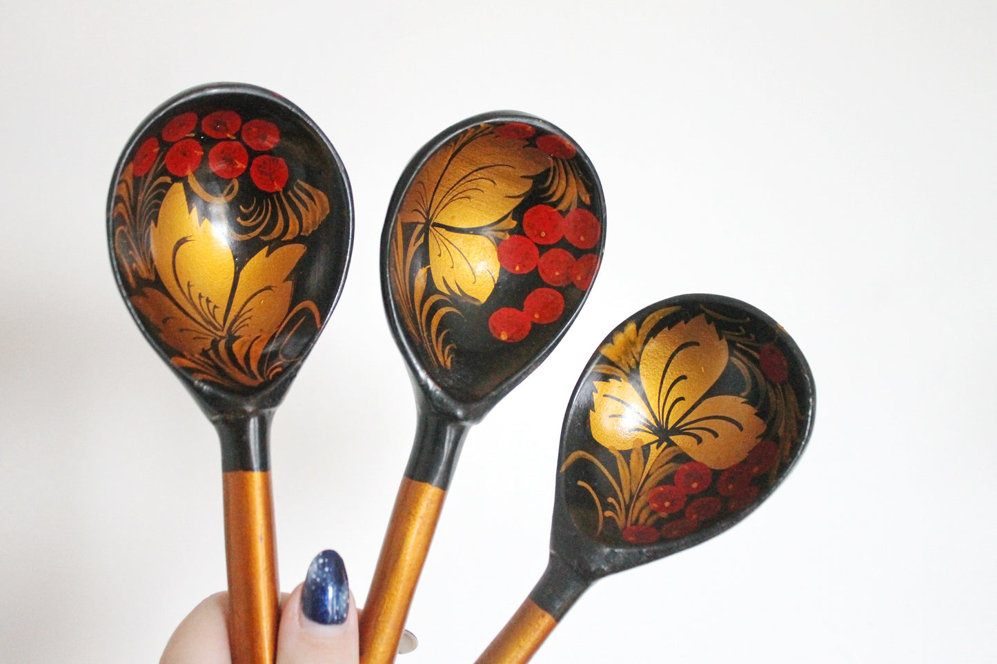 Set of 3 Vintage used Ukrainain wooden spoons. 1970s, hand painted - Soviet era - from the USSR, antique spoons - 1970s