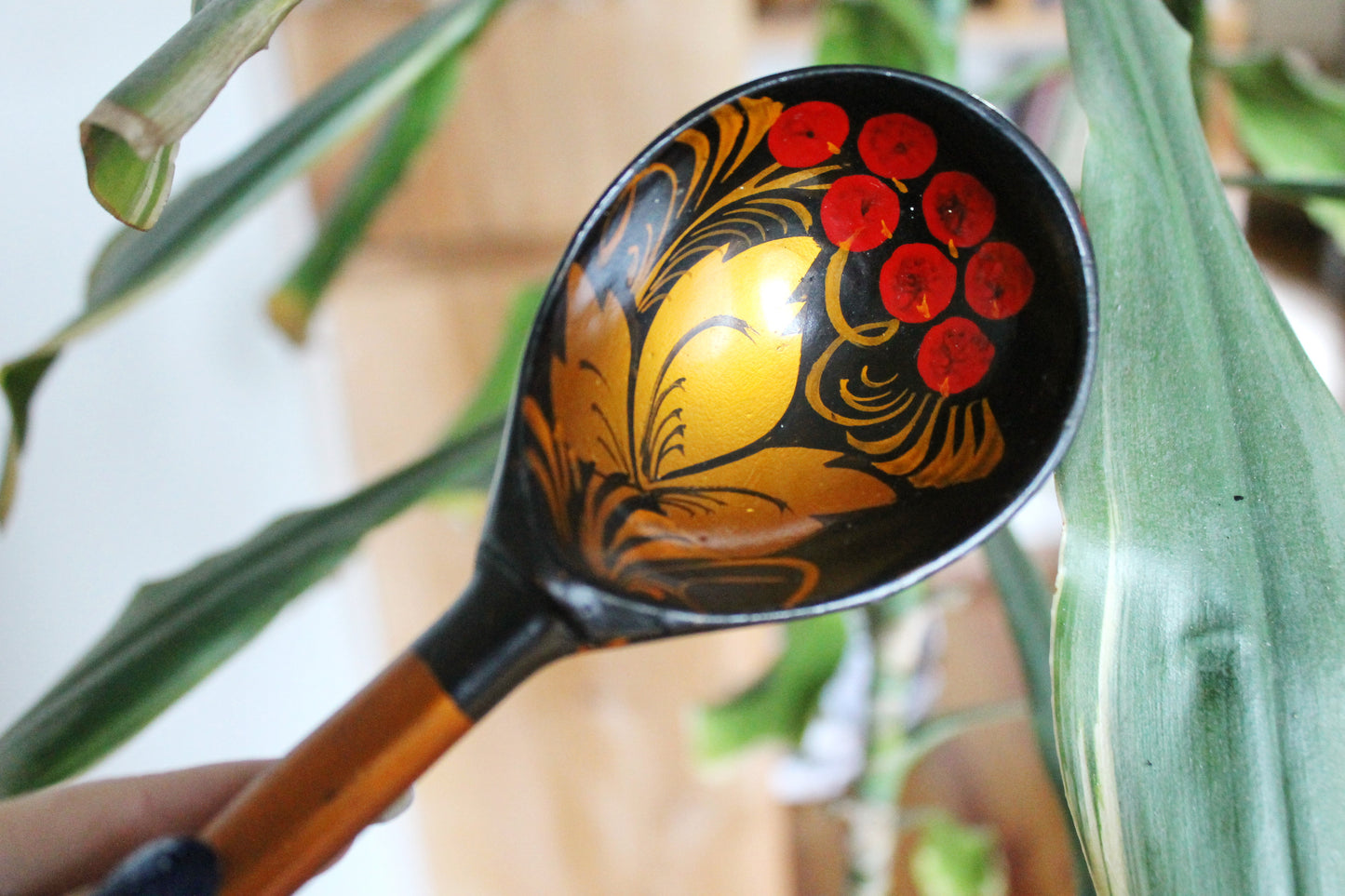 Set of 3 Vintage used Ukrainain wooden spoons. 1970s, hand painted - Soviet era - from the USSR, antique spoons - 1970s