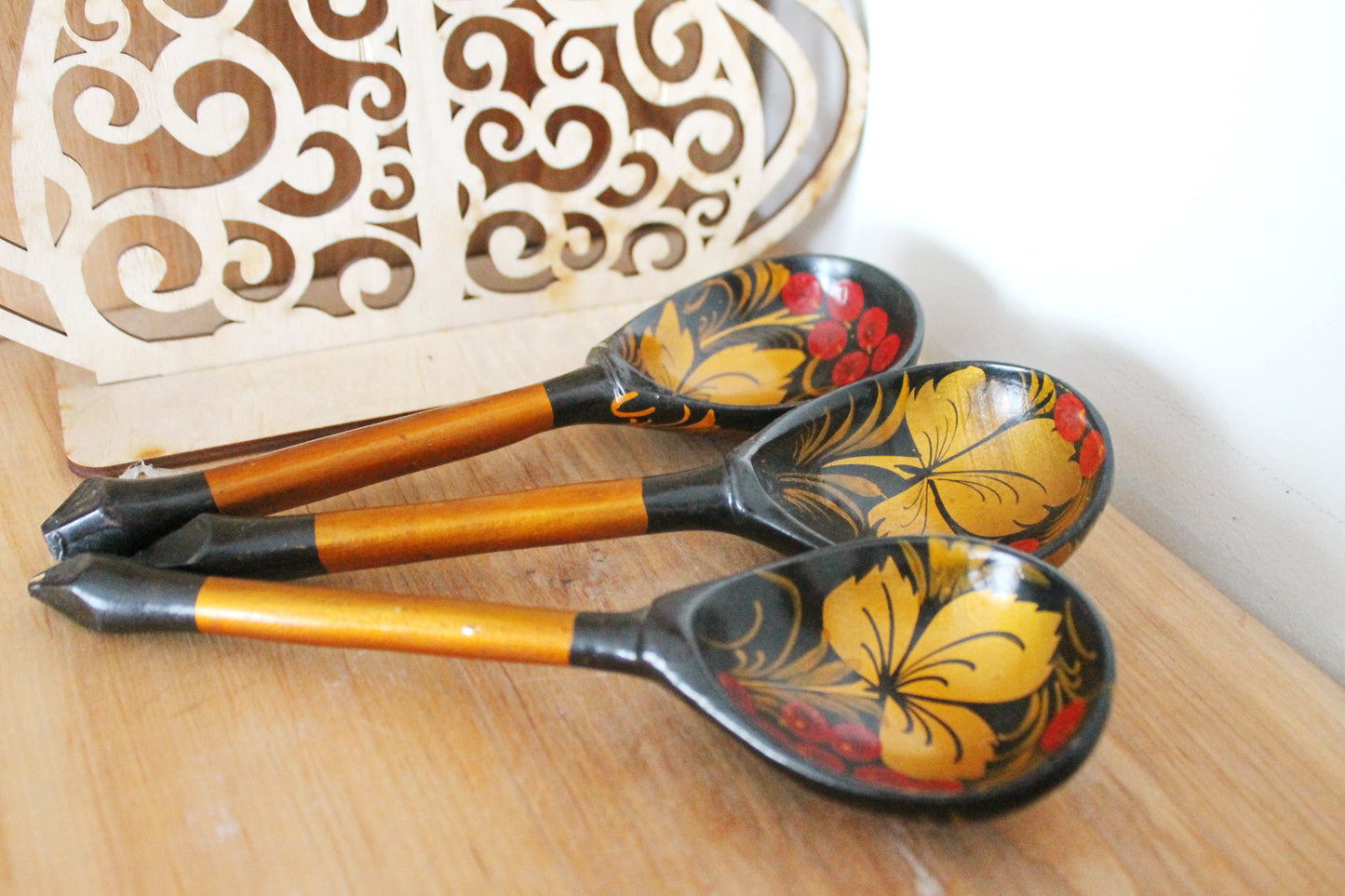 Set of 3 Vintage used Ukrainain wooden spoons. 1970s, hand painted - Soviet era - from the USSR, antique spoons - 1970s
