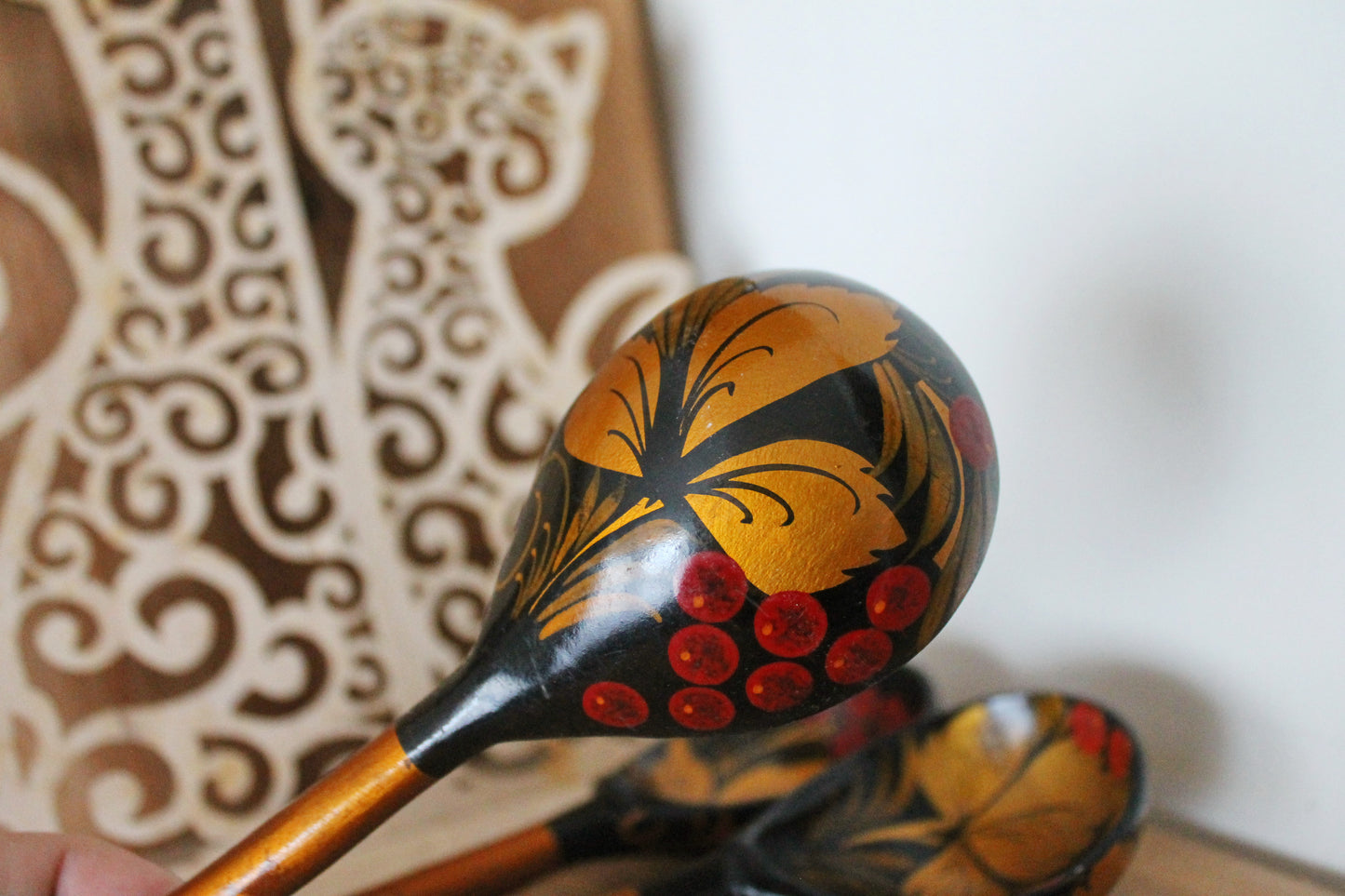 Set of 3 Vintage used Ukrainain wooden spoons. 1970s, hand painted - Soviet era - from the USSR, antique spoons - 1970s