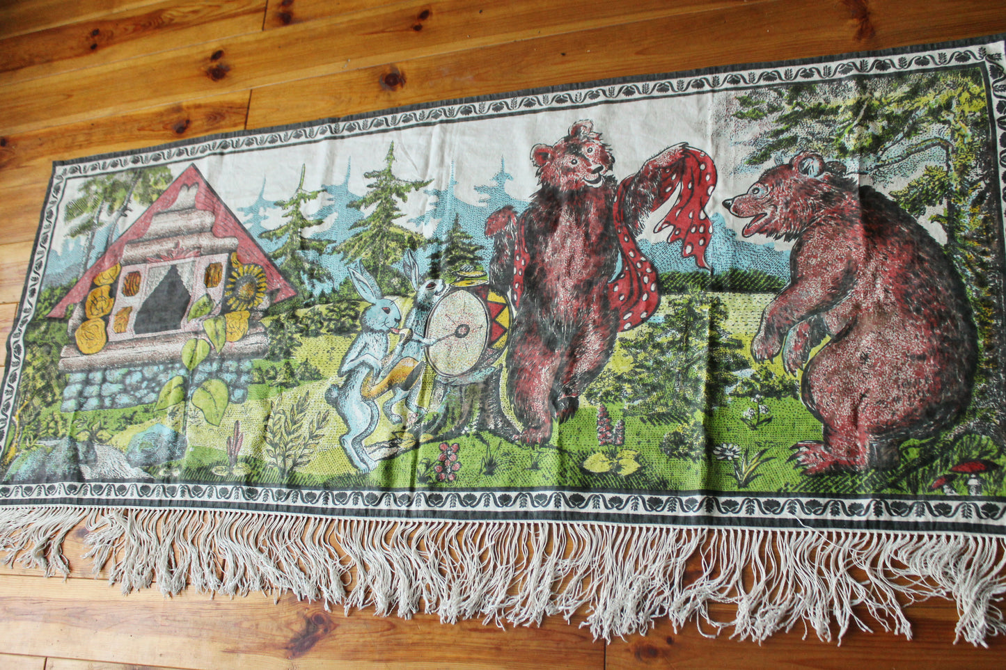 Vintage USSR big cotton tapestry "Fairy tail about bears and hares" - 65 inches - Wall Hanging Rug