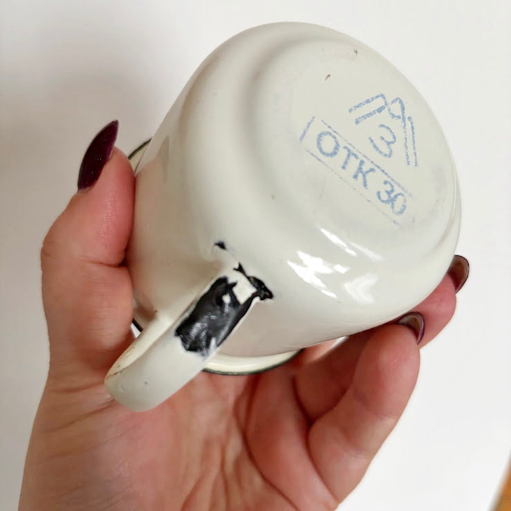 Vintage Enamel Children’s Mug with Donkey Illustration, USSR 1970s–1980s, Small Kids Cup with Original Mark