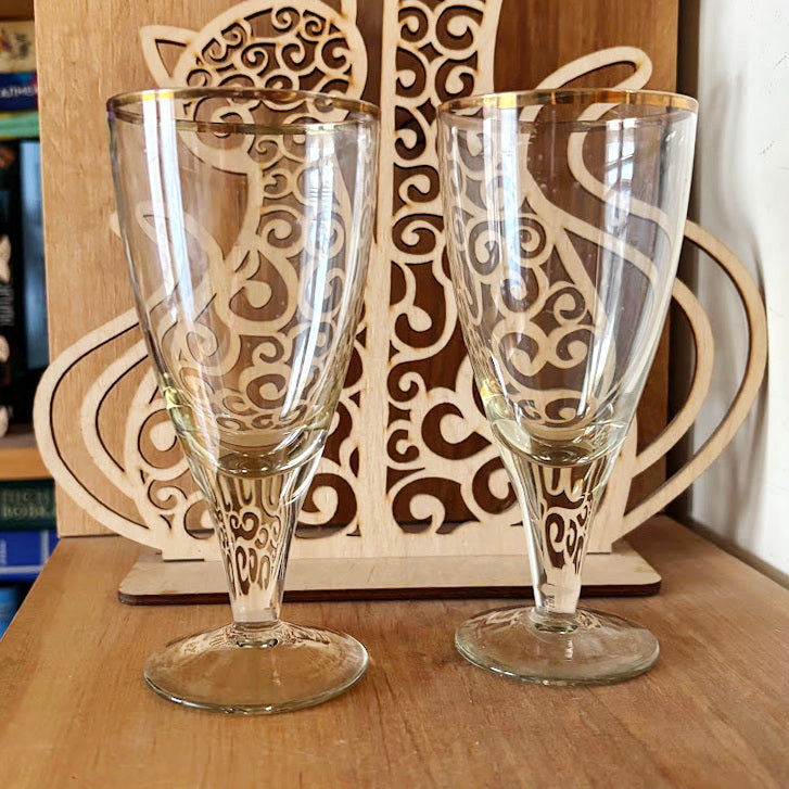 Vintage Soviet Era Glass Goblets Set of 2 | Elegant Thin Glass Stemware with Gold Rim | Mid Century Barware