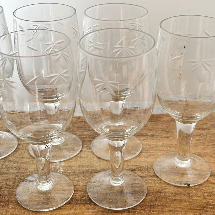 Vintage Etched Wine Glasses Pair, Thin Clear Glass Stemware With Floral Pattern, Elegant Soviet Era Barware Set, 150 ml Goblets