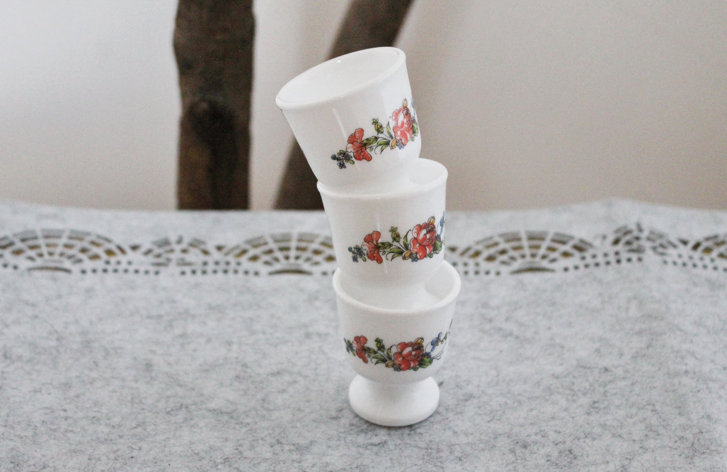 Set of three Vintage porcelain egg holders - 2.3 inches - Vintage France ceramic egg stand - 1980s