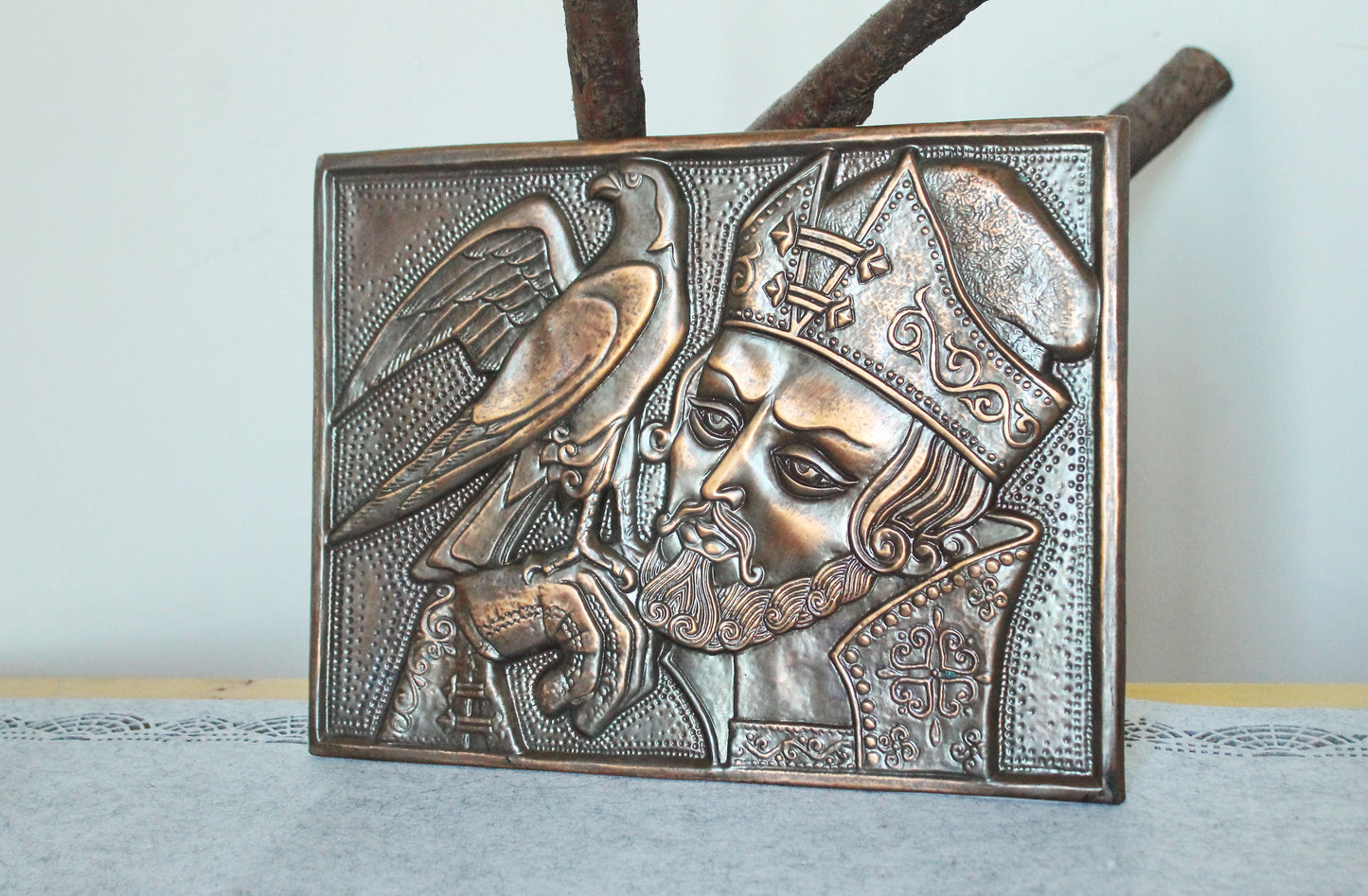 Wall stamping picture "The prince with the bird" - USSR chased wall plaque - brass wall art - rustic home decor metall picture