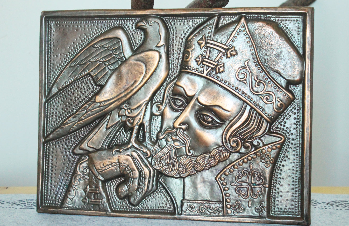 Wall stamping picture "The prince with the bird" - USSR chased wall plaque - brass wall art - rustic home decor metall picture