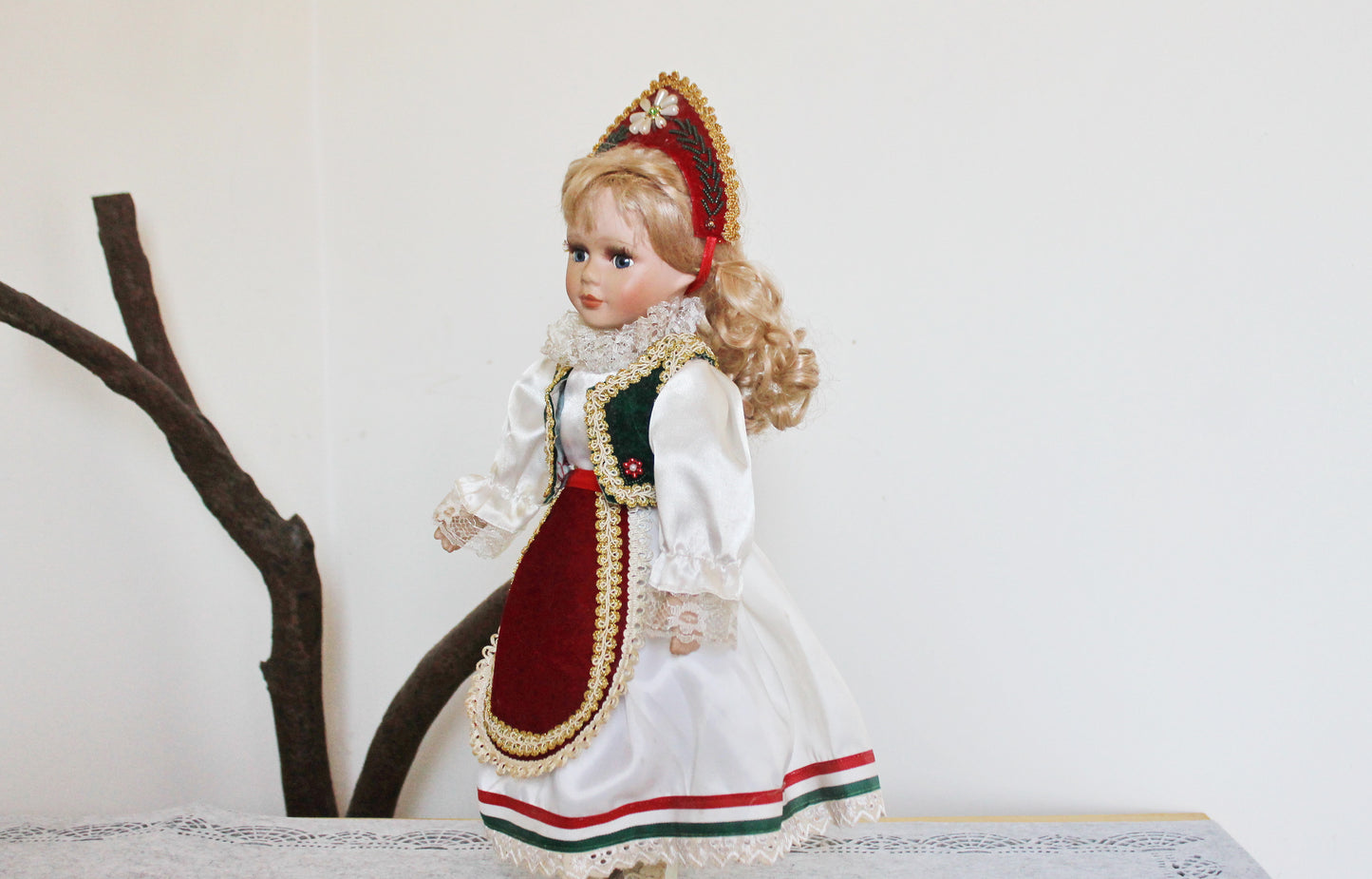 Vintage porcelain Germany cute doll on a stand in Hungarian clothing - 18 inches - Collectible doll - 1970-1980s