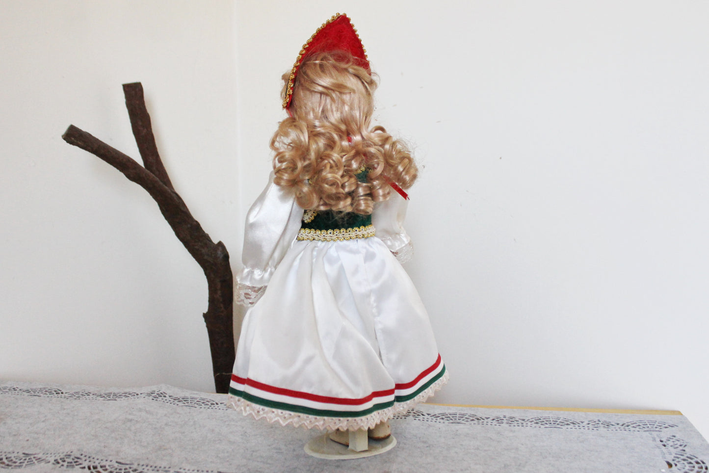 Vintage porcelain Germany cute doll on a stand in Hungarian clothing - 18 inches - Collectible doll - 1970-1980s