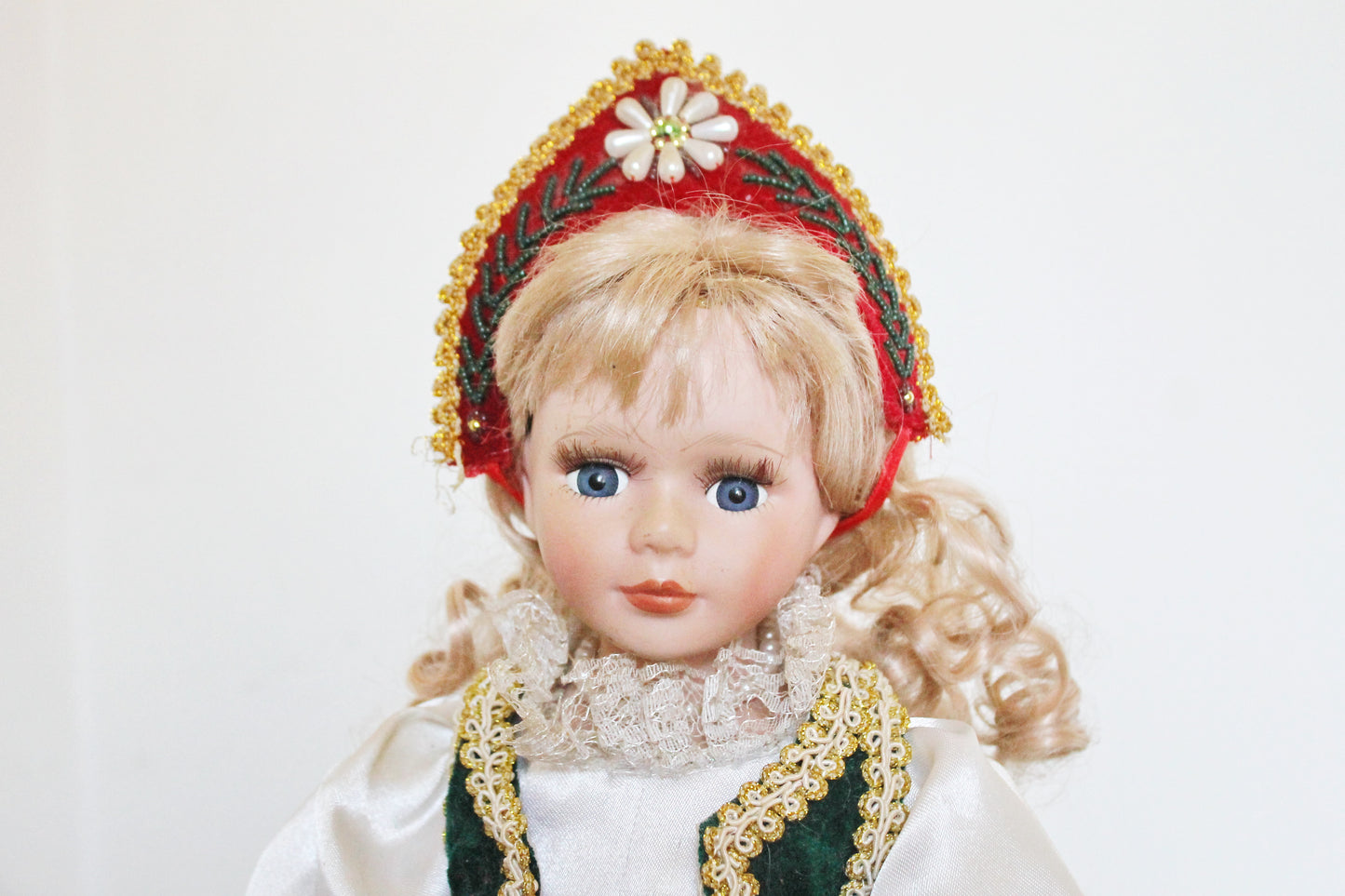 Vintage porcelain Germany cute doll on a stand in Hungarian clothing - 18 inches - Collectible doll - 1970-1980s