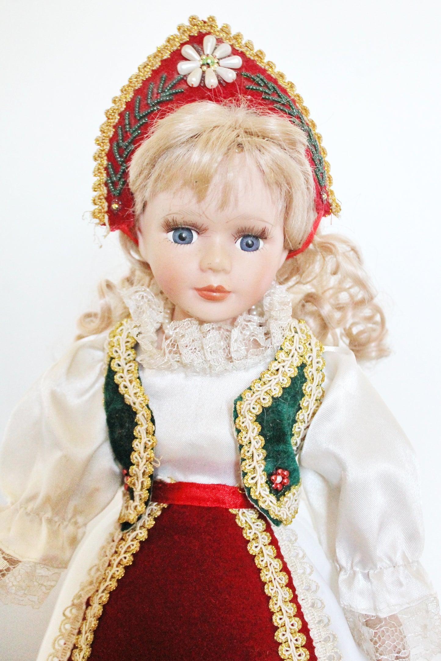 Vintage porcelain Germany cute doll on a stand in Hungarian clothing - 18 inches - Collectible doll - 1970-1980s