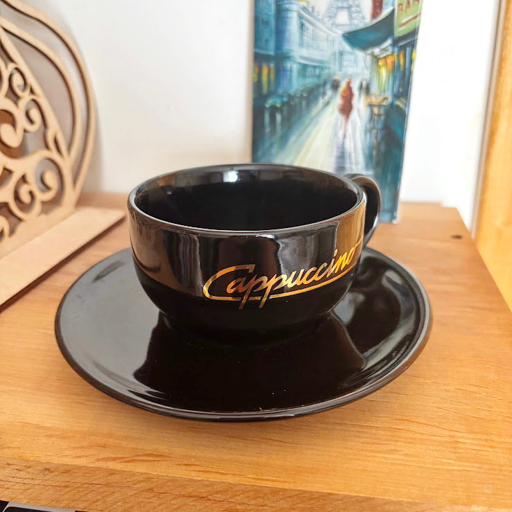 Black Cappuccino Cups and Saucers Set of 2 Heavy Ceramic Coffee Set Mid 2000s Modern Minimalist Germany