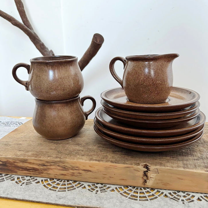 Vintage Winterling Bavaria Stoneware Set, Brown Speckled Tea Coffee Set 9pc, Mid-Century Modern German Pottery