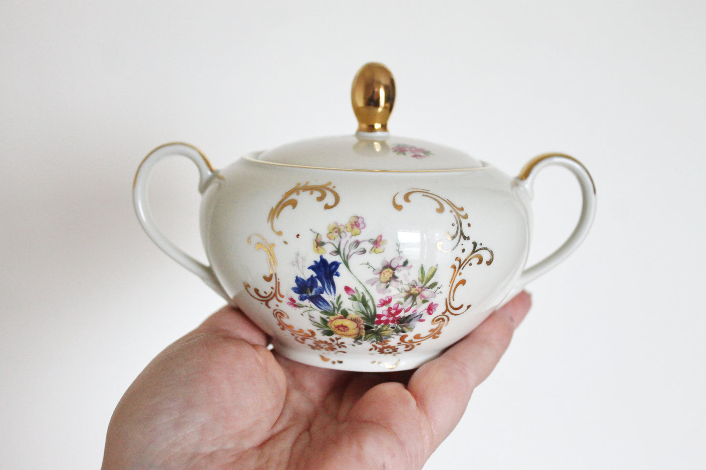 Vintage Germany ceramic sugar bowl with beautiful floral ornament - porcelain sugar bowl - 1970s