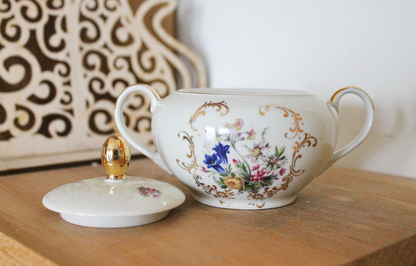 Vintage Germany ceramic sugar bowl with beautiful floral ornament - porcelain sugar bowl - 1970s
