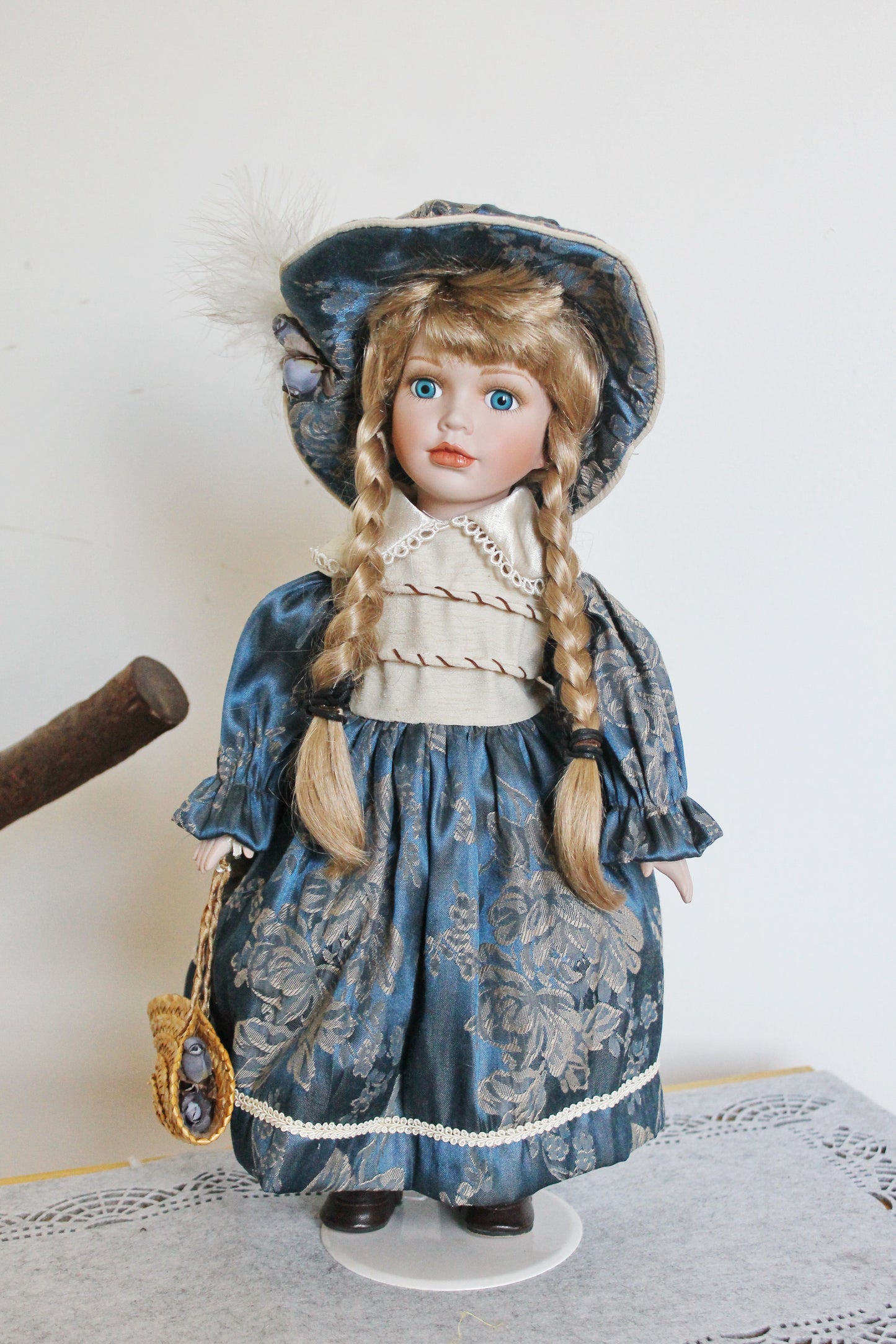 Vintage porcelain Germany cute doll on a stand in beautiful blue dress - 16.5 inches - Collectible doll - 1970-1980s