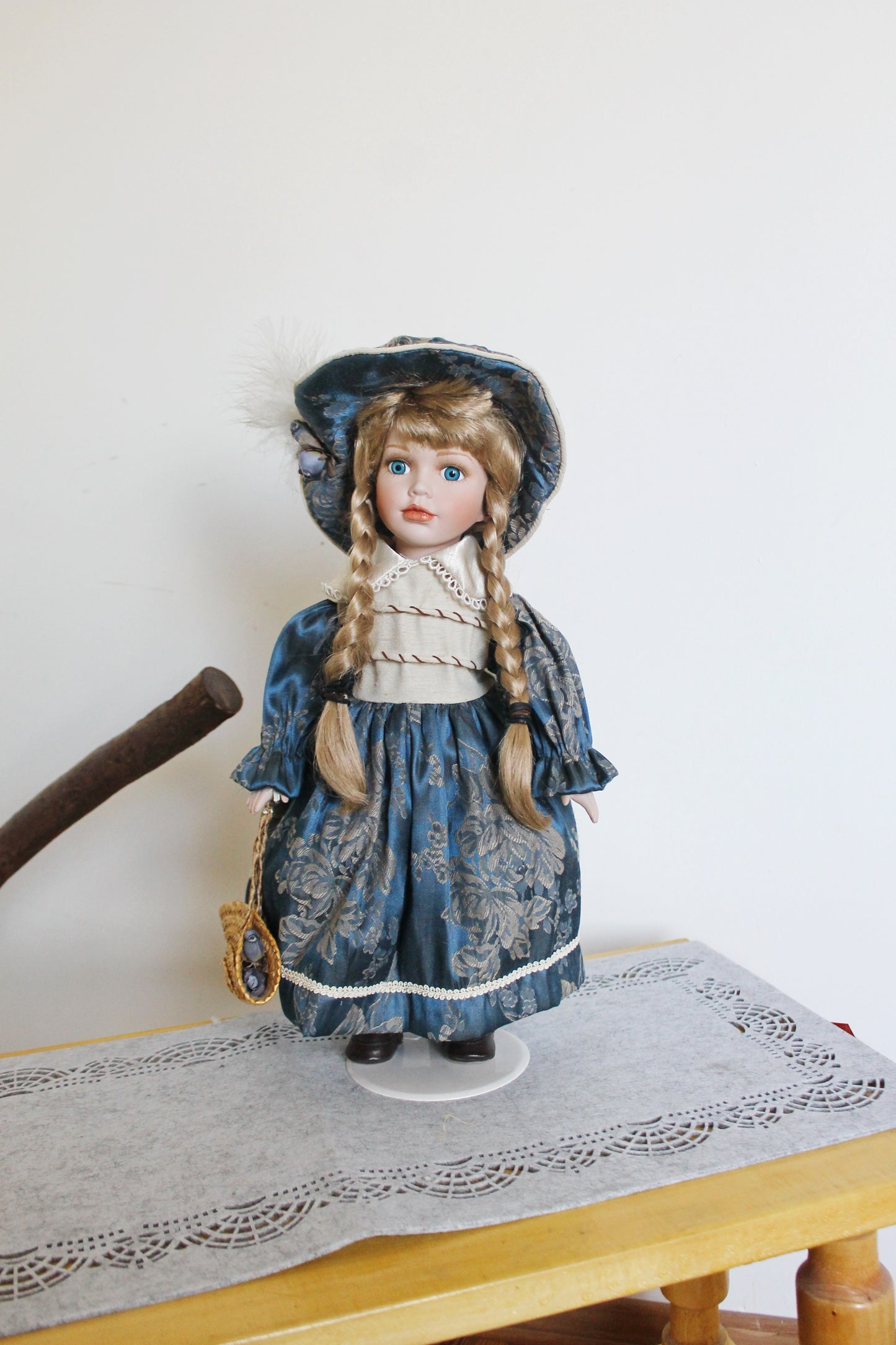 Vintage porcelain Germany cute doll on a stand in beautiful blue dress - 16.5 inches - Collectible doll - 1970-1980s
