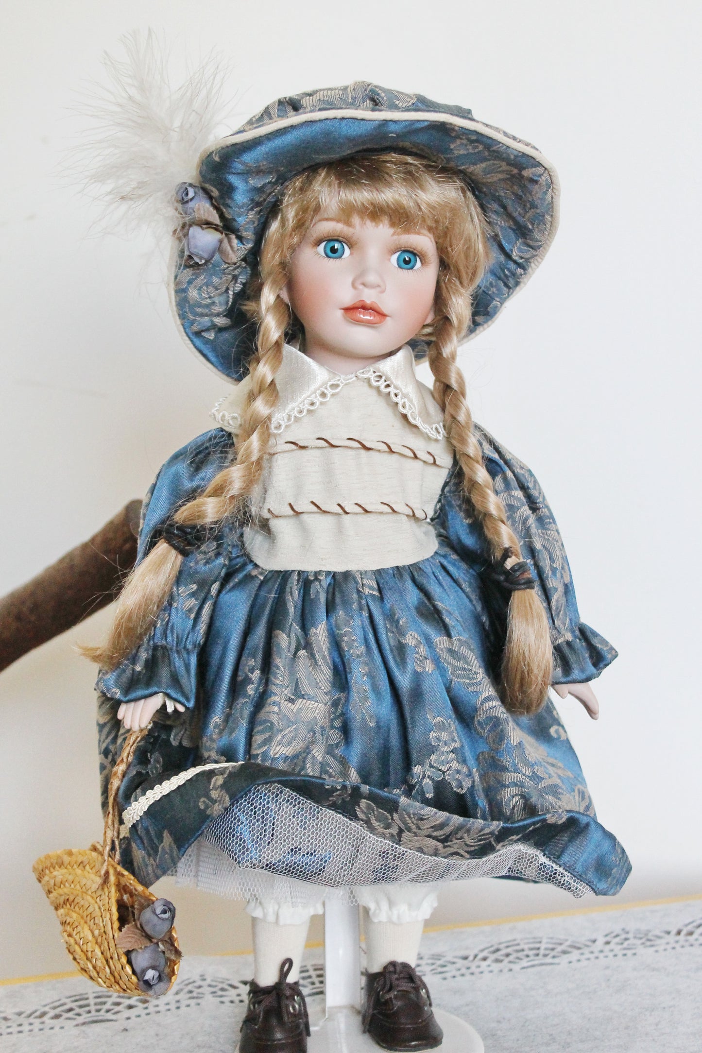 Vintage porcelain Germany cute doll on a stand in beautiful blue dress - 16.5 inches - Collectible doll - 1970-1980s