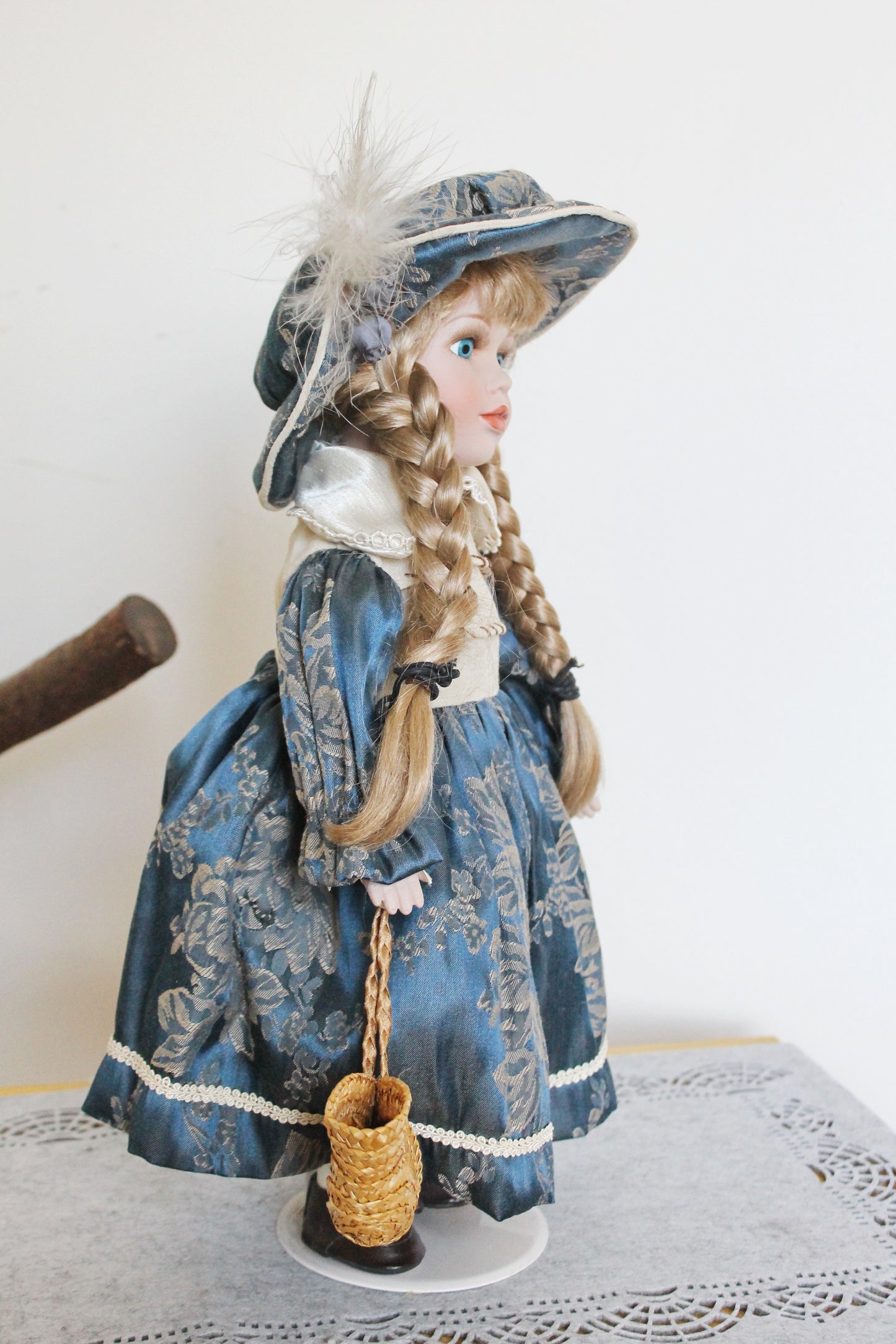 Vintage porcelain Germany cute doll on a stand in beautiful blue dress - 16.5 inches - Collectible doll - 1970-1980s