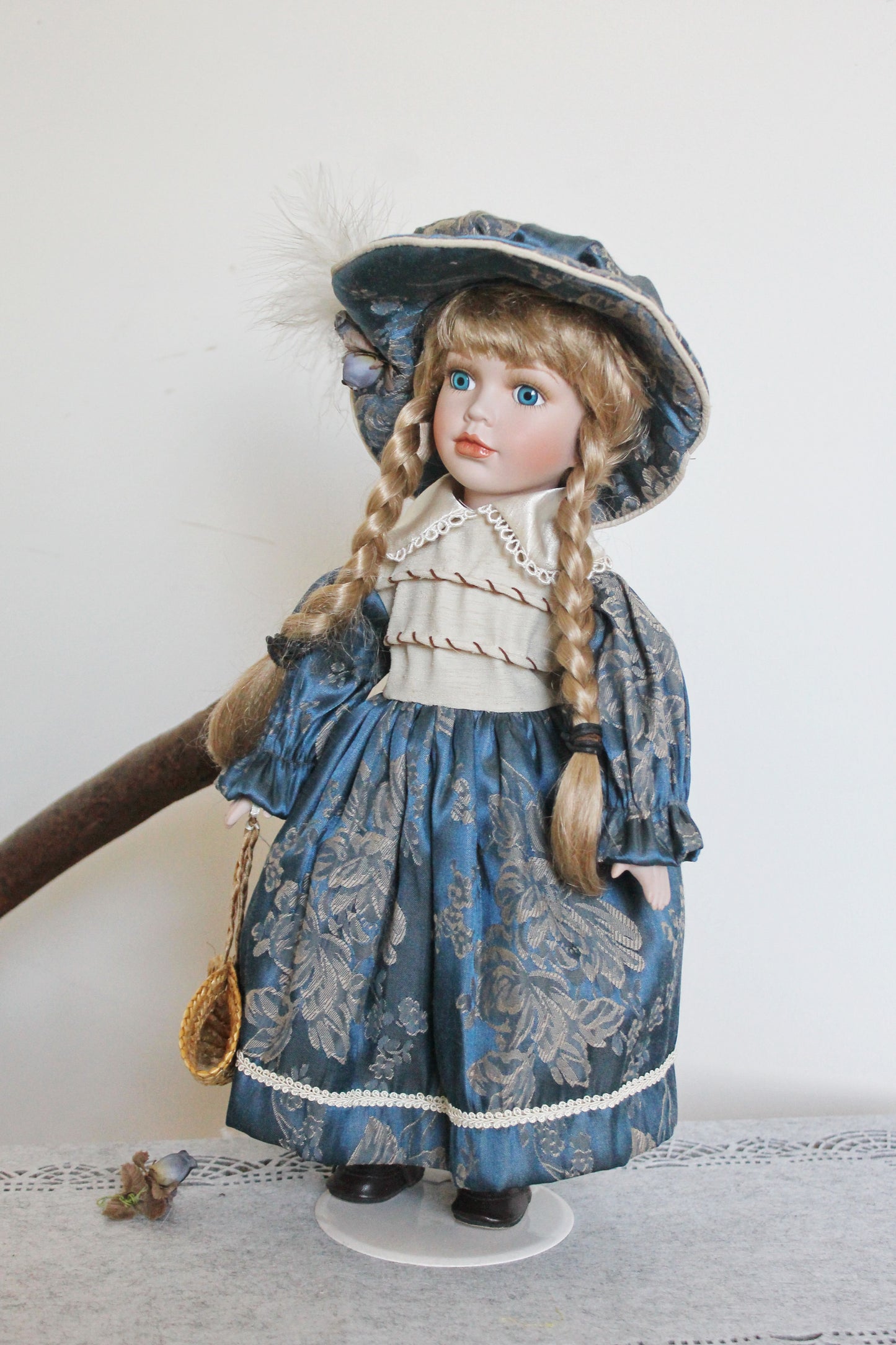 Vintage porcelain Germany cute doll on a stand in beautiful blue dress - 16.5 inches - Collectible doll - 1970-1980s