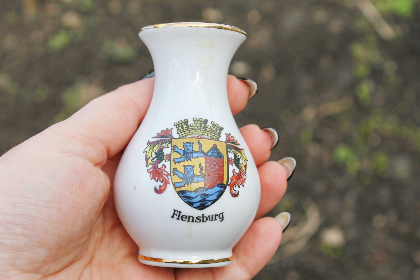 Vintage porcelain small vase - Flensburg town - 3.4 inches - made in Germany - cute vintage mini vase - 1980s