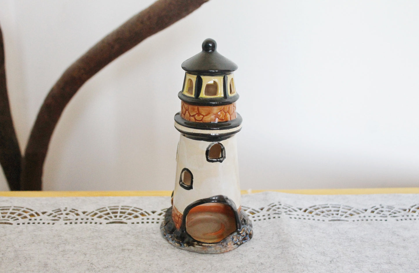 Lighthouse vintage ceramic Candle holder for one tealight candle - 7.9 inches - Germany vintage - 1990s