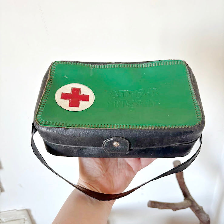 Vintage Car First Aid Kit Soviet Era Green Black Case Retro Emergency Medical Box USSR Auto Collectible Storage