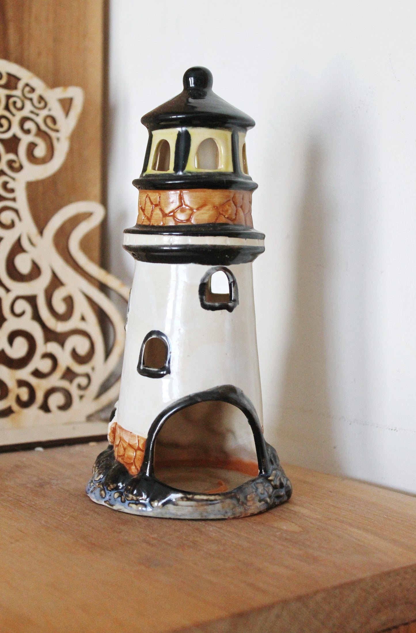 Lighthouse vintage ceramic Candle holder for one tealight candle - 7.9 inches - Germany vintage - 1990s
