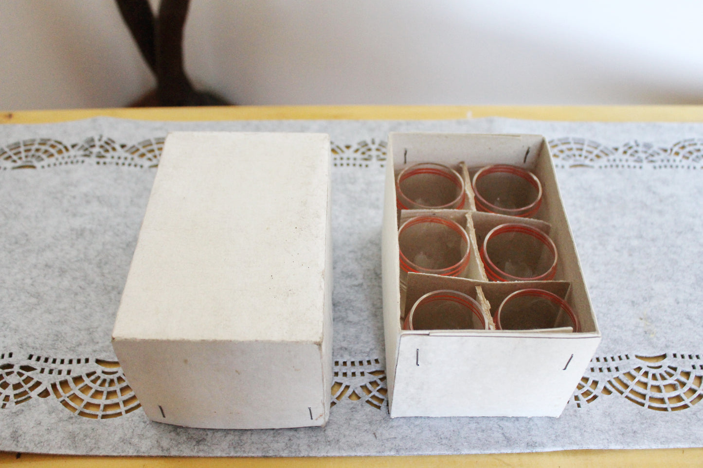 Set of 6 Vintage USSR small Glasses on a leg in original box - glasswares, housewares, antique, 1960s. Soviet Union. Holiday decor