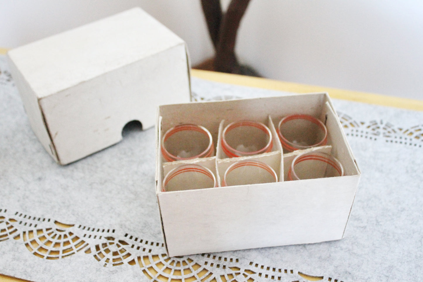 Set of 6 Vintage USSR small Glasses on a leg in original box - glasswares, housewares, antique, 1960s. Soviet Union. Holiday decor