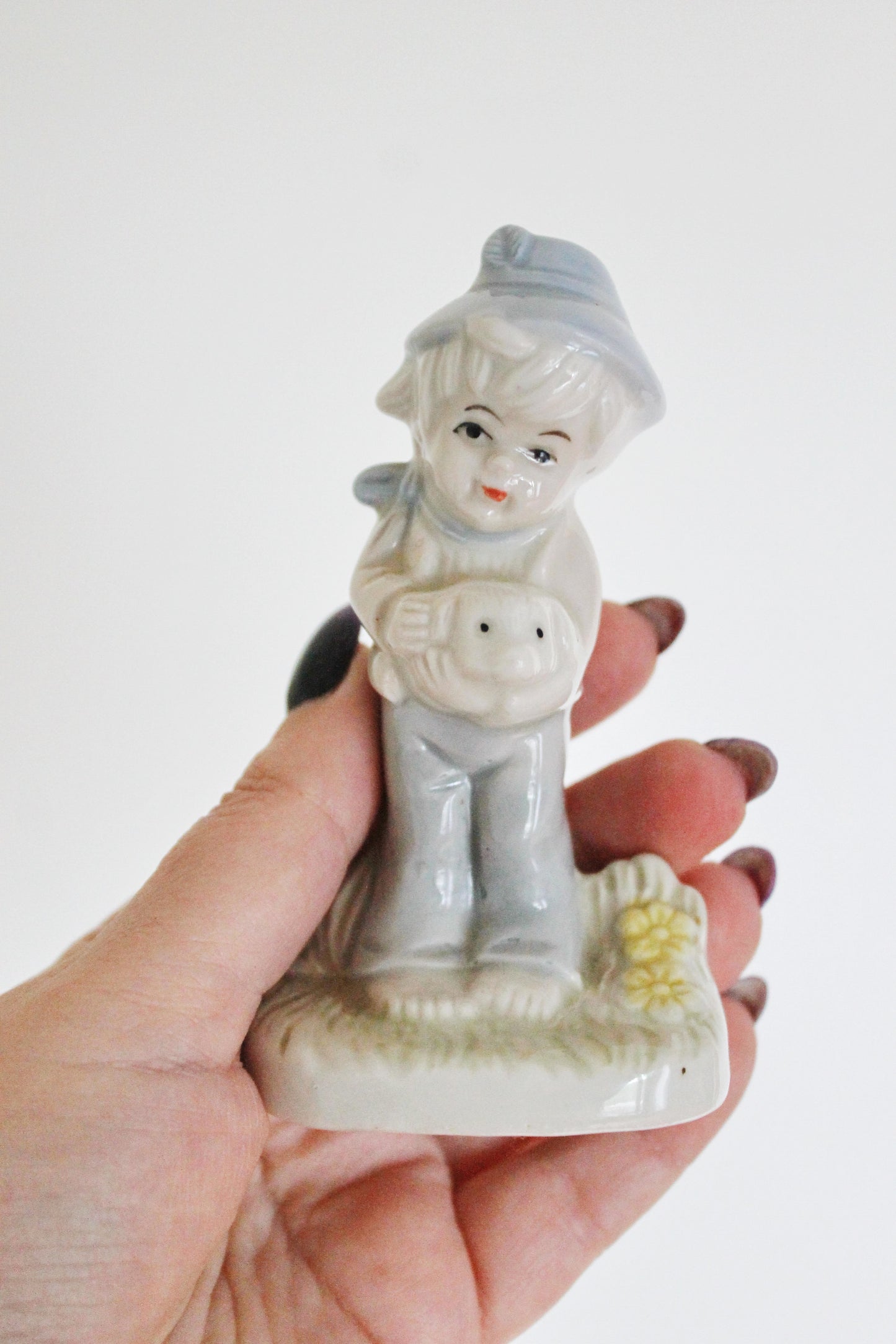 Vintage Porcelain boy with a pet 4.3 inches - Germany porcelain figurine - vintage decor - Germany vintage - later 1980s