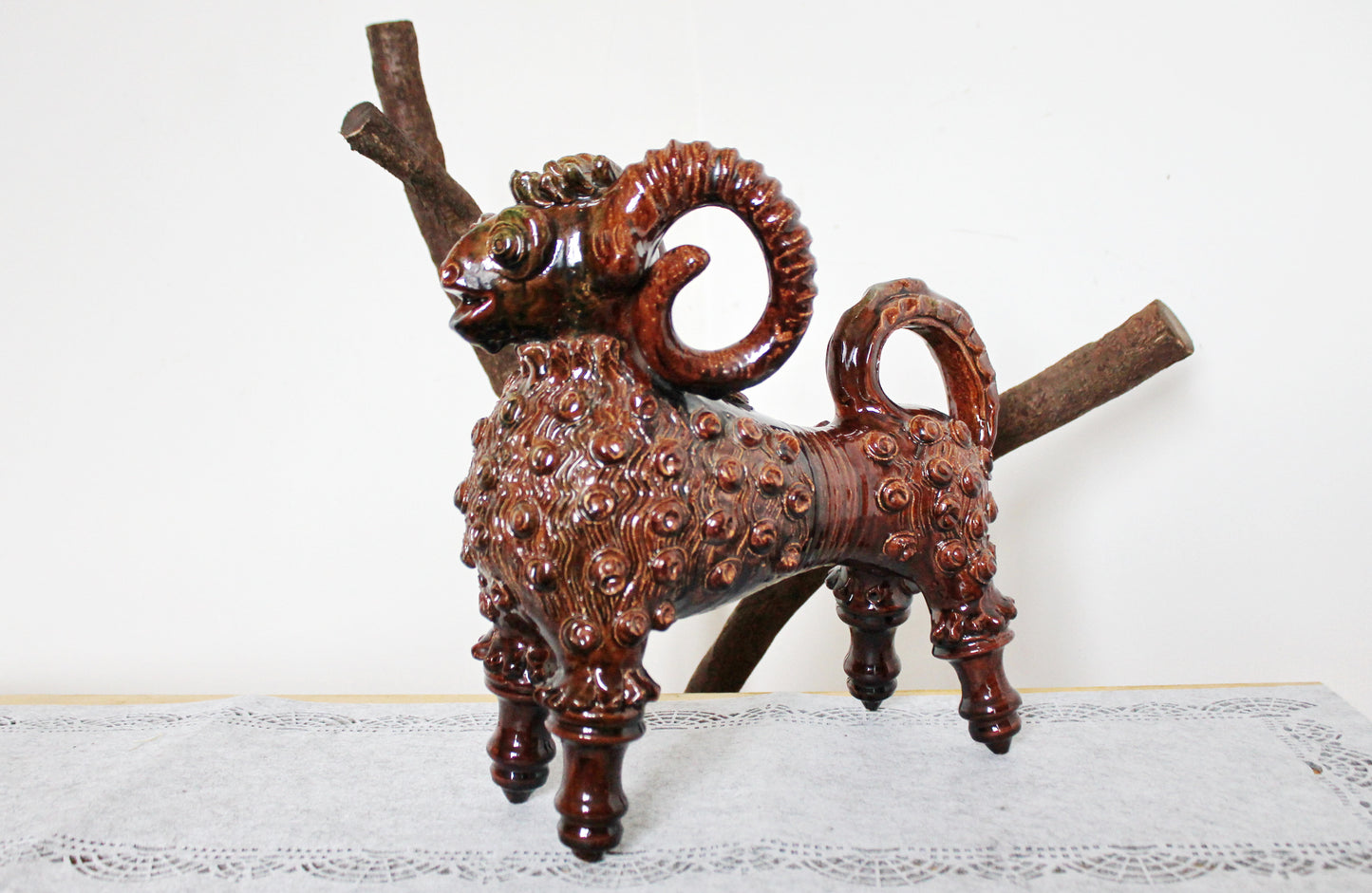 Vintage Big Ram Pitcher 12.6 x 14 inches - Artistic Majolica - made in Ukraine 1970s - made of clay