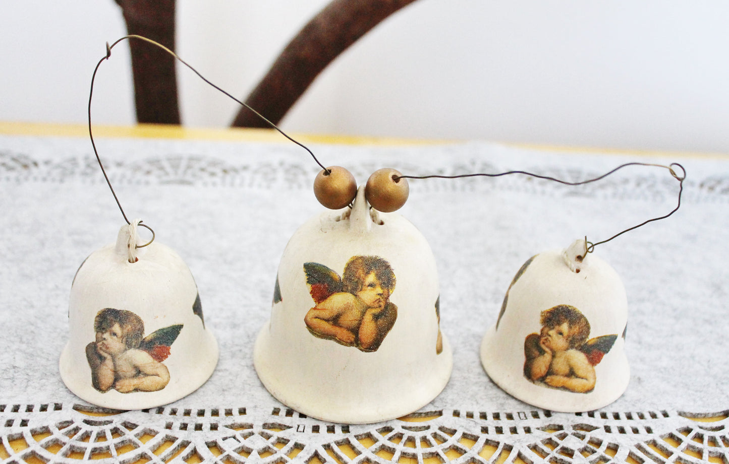 Set of three vintage beautiful ceramic Bells with angels on the cord - Vintage Souvenir Gift - Germany porcelain - Christmas decor