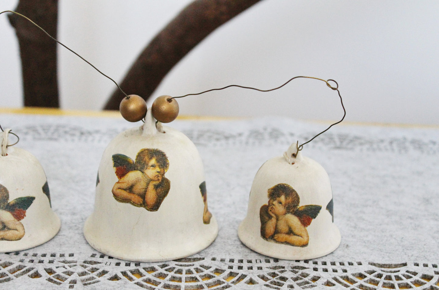 Set of three vintage beautiful ceramic Bells with angels on the cord - Vintage Souvenir Gift - Germany porcelain - Christmas decor